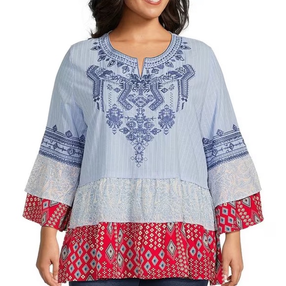 Calessa Patchwork Embroidered Split Round Neck 3/4 Tiered Ruffle Sleeve Tunic - Picture 3 of 11